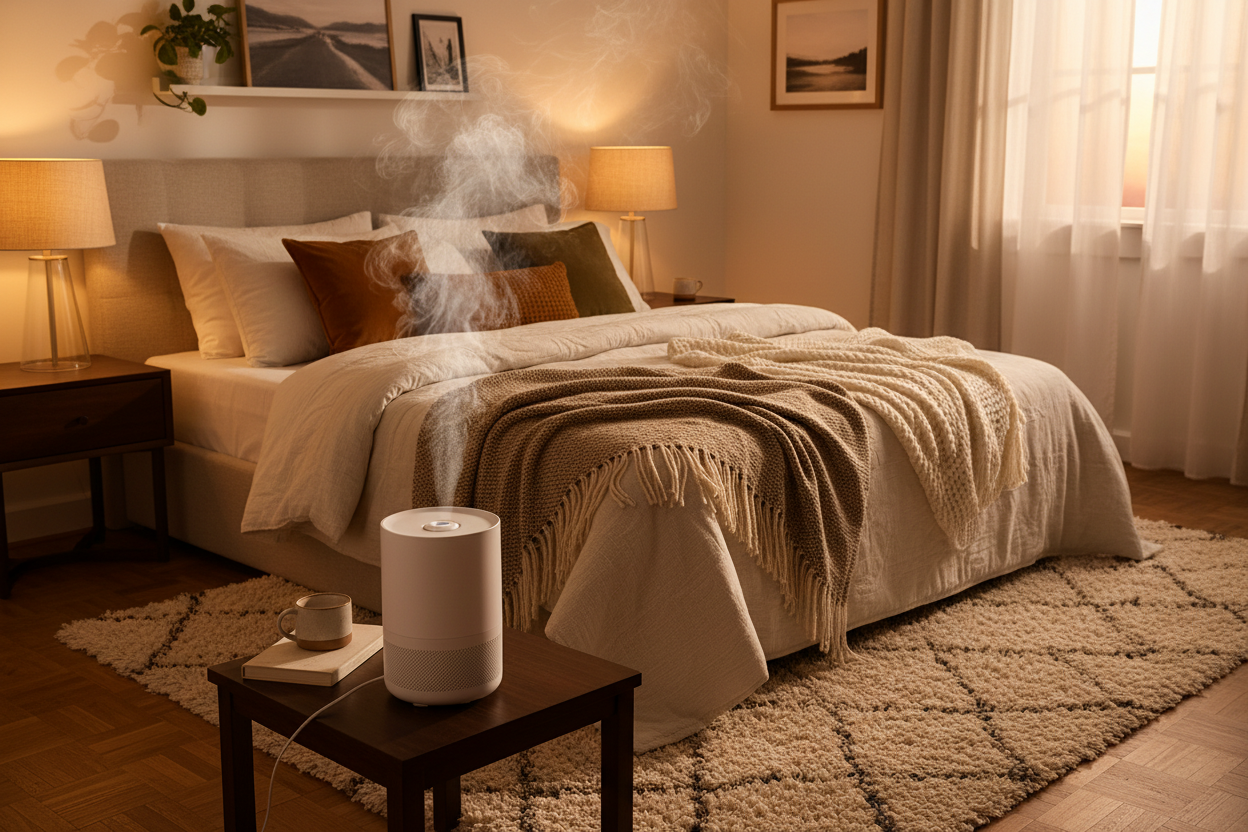 Cozy bedroom with warm lights, humidifier, soft textures (rugs etc..) high res. Can you make sure the humidifier and the mist is visible in the photo
